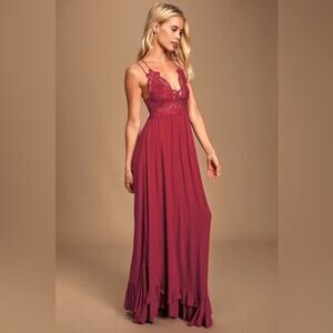 Free People Adella Burgundy Cranberry Crochet Lace Maxi Dress Bohemian Strappy